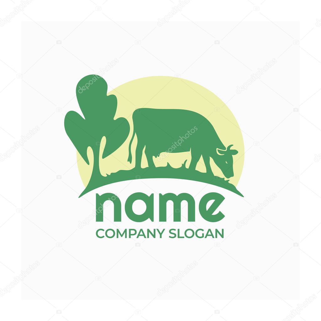 Farm animal logo, icon with cow. Agro company logo. Cow in a meadow with green grass. Vector nature and eco green logotype. Label for agricultural company