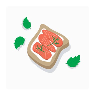 Somon Sandviç illüstrasyon. Sağlıklı kahvaltı proteinler ve yeşillik ile. Ekmek, tereyağı ve somon sandviç. Sağlıklı gıda simgesi. Sporcular için beslenme.