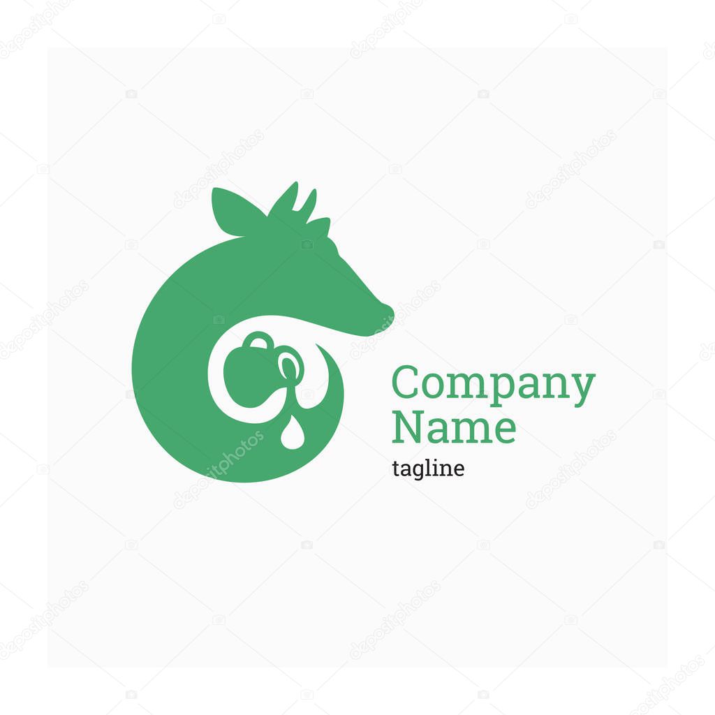 Logo for dairy company. Vector illustration cow and jug of milk. Label for natural farm products. Sign for agricultural company. Green icon with cow. Agro company logo