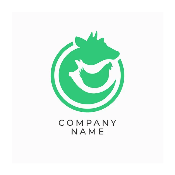 Farm logo with animals. Label for agricultural animals, natural farm products. Green logotype isolated on white background. Vector illustration of cow, pig and chicken
