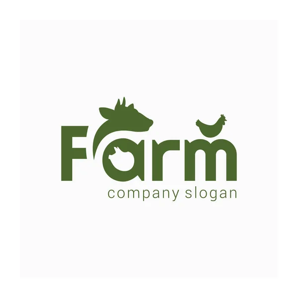 Çiftlik basit logo. Çiftlik hayvan işaret. Yeşil logo hayvancılık için. Tarım ürünleri simgesi. Marka tarım şirketi için. Tarımsal iş kimliği. İllüstrasyon inek, domuz, tavuk vektör ve çiftlik kelime