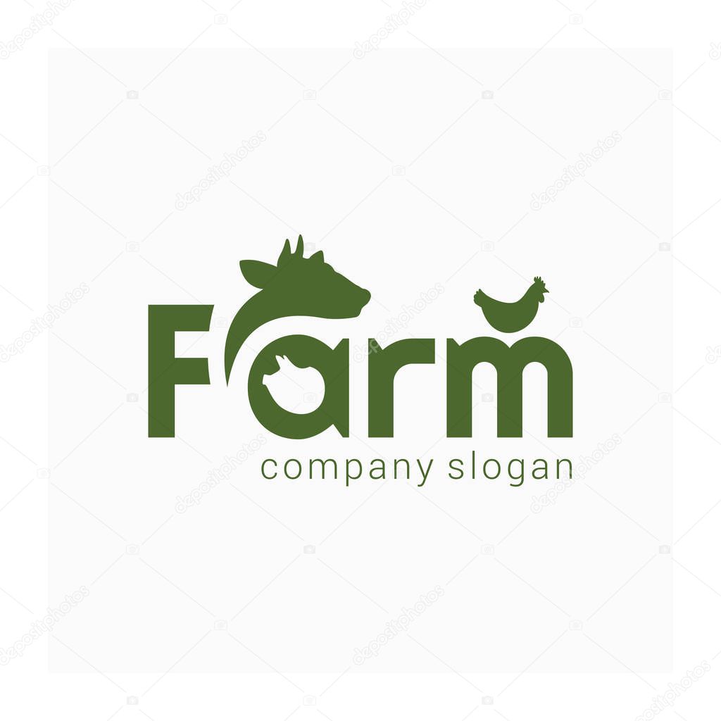 Farm simple logo. Farm animal sign. Green logotype for animal husbandry. Symbol for farm products. Brand for agricultural company. Agro business identity. Vector illustration with cow, pig, chicken and word FARM
