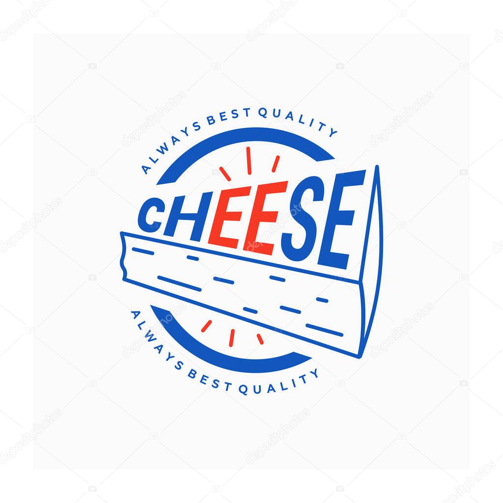 Cheese logo in blue red color. Vector icon with piece of cheese for farm food market or cheese shop