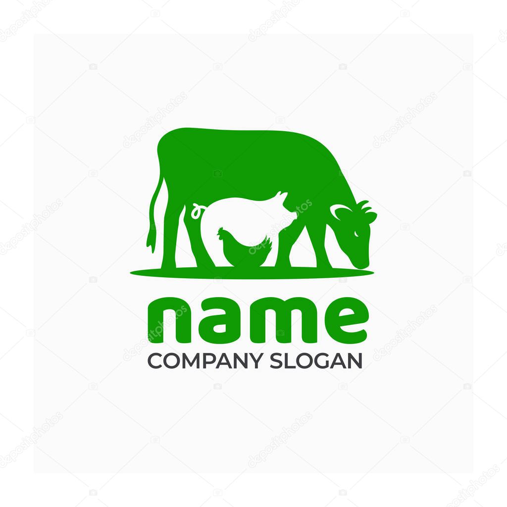 Farm icon with cow, pig and chicken. Logo for agricultural company. Green symbol for farm products. Vector illustration of farm animals