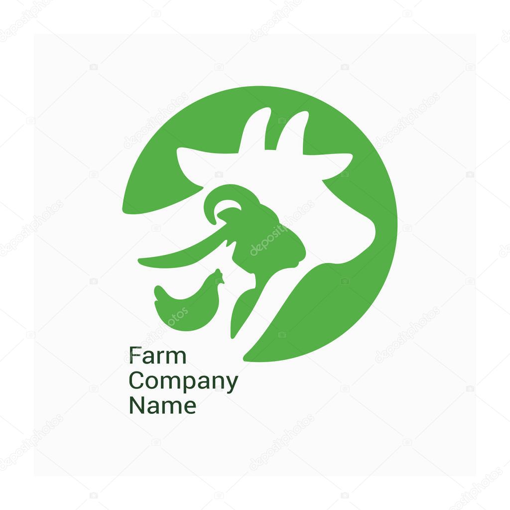 Logo for livestock company, stock raising. Round symbol with cow, pig, ram and chicken. Green sign for ranching. Vector illustration of farm animals. Label for Bio products, farmers fair or market.