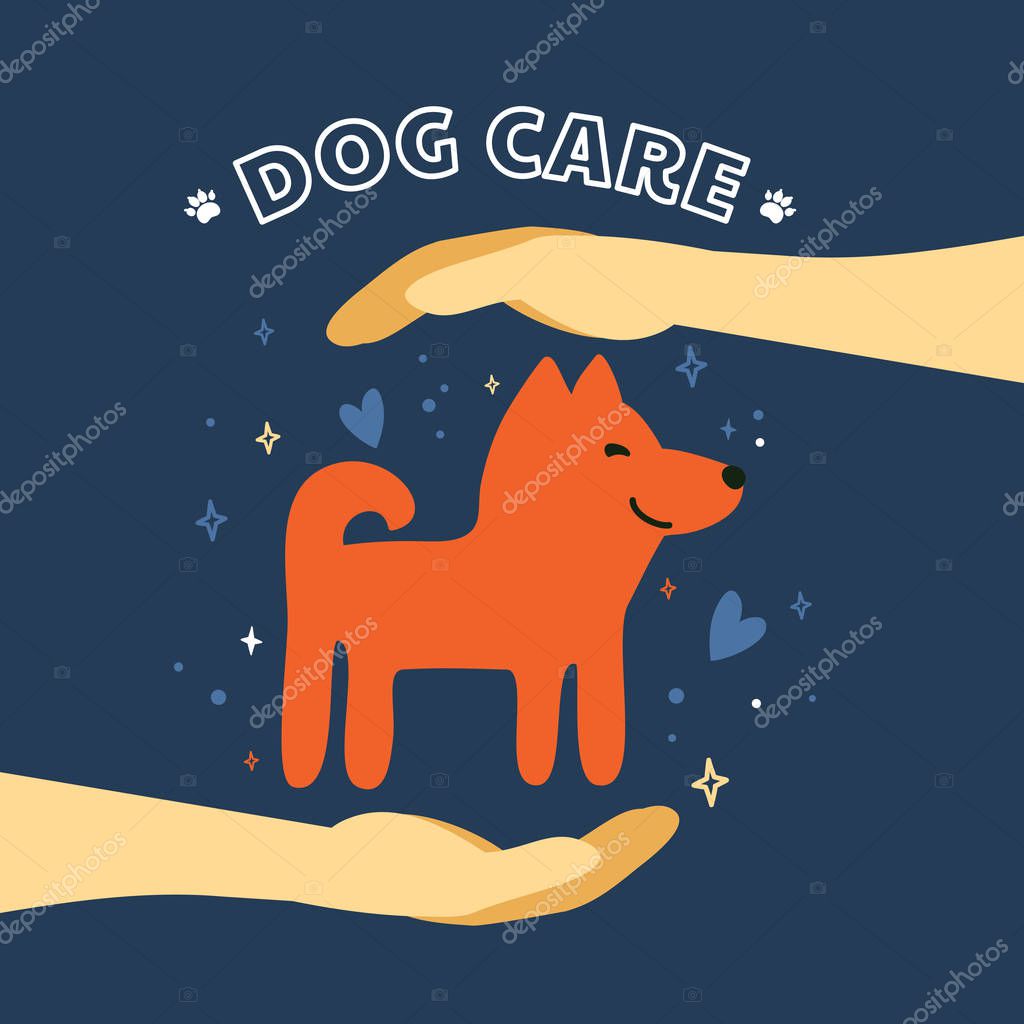 Vector illustration about pet care. The dog is in safe hands. Picture of happy puppy . Logo for grooming,  styling, cleaning, washing services. Design for vet clinic, veterinary hospital, pet hotel.