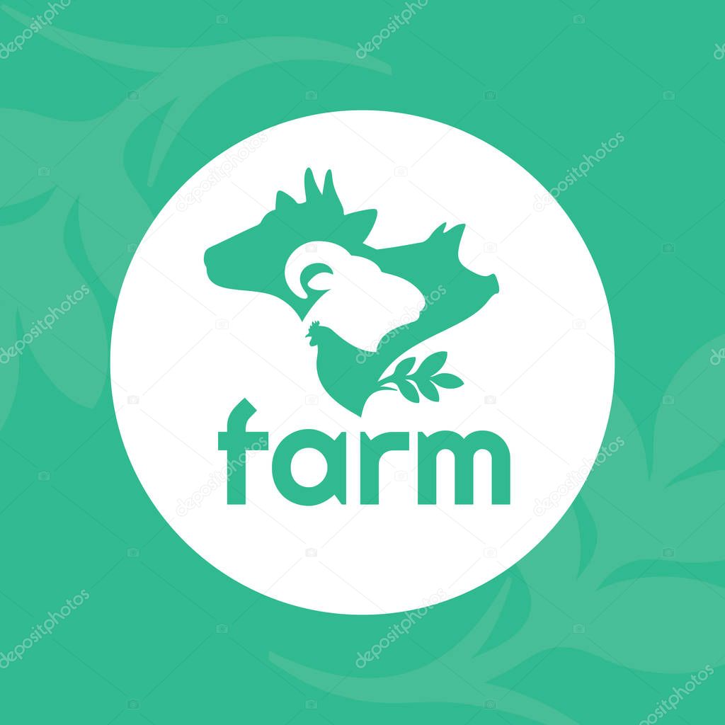 Vector illustration of farm animals. Logo for livestock company, stock raising. Round symbol with cow, pig, ram and chicken. Green sign for ranching. Label for Bio products, farmers fair or market.