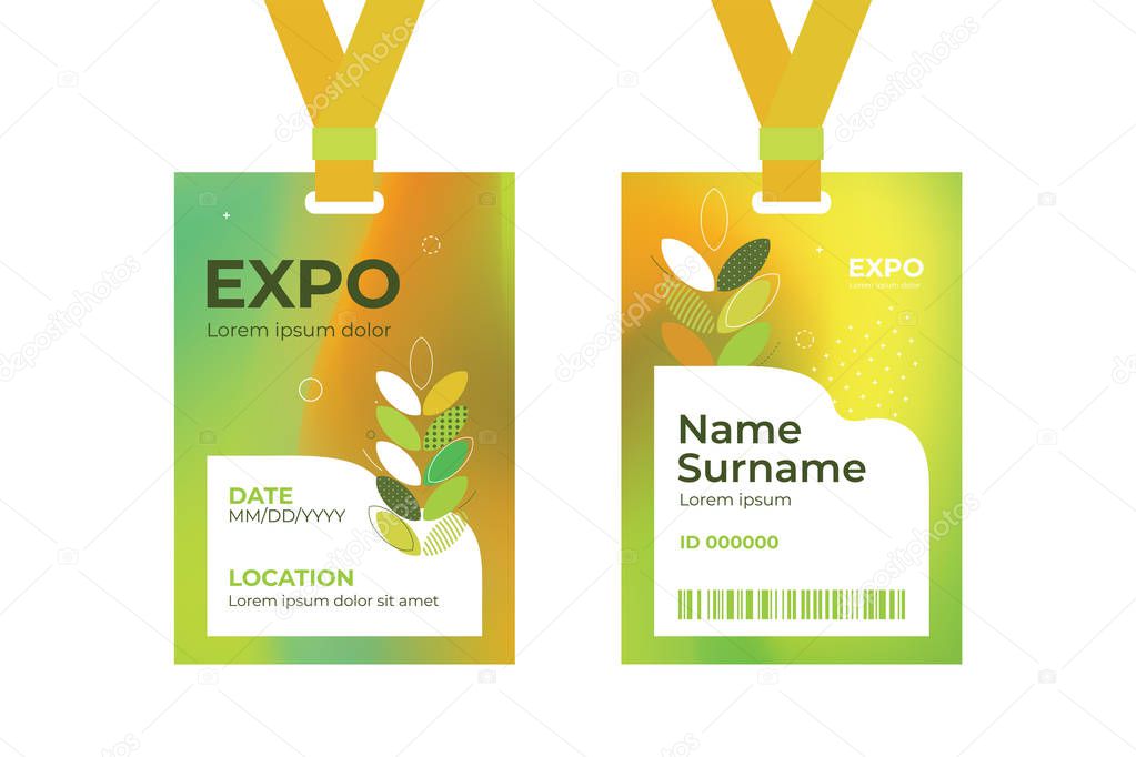 Vector template of  ID card with strap. Abstract illustration for identity card. Design with bright gradient and geometric figures for exhibition or business conference. Two sided authentication pass.