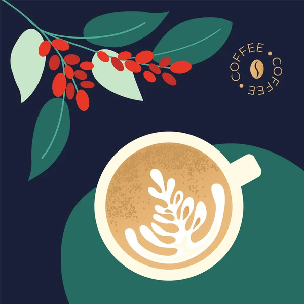 Illustrazione con cappuccino e rami di albero del caffè — Vettoriale Stock