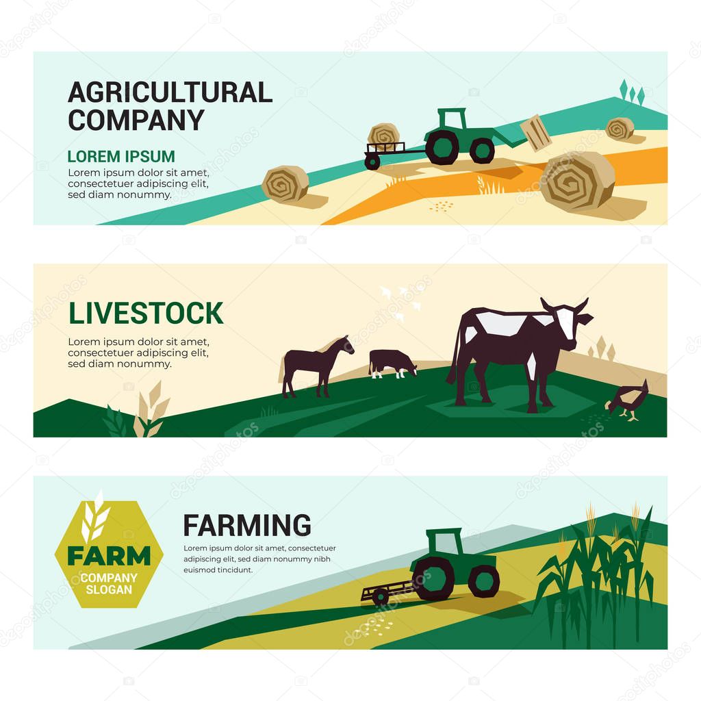 Banners of agricultural company, farming, livestock