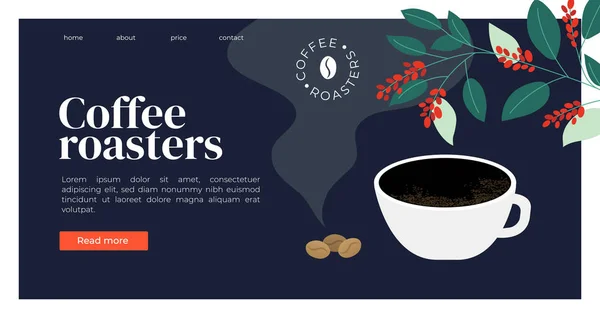 Koffie Roasters sjabloon met espresso, bonen en koffieplant — Stockvector