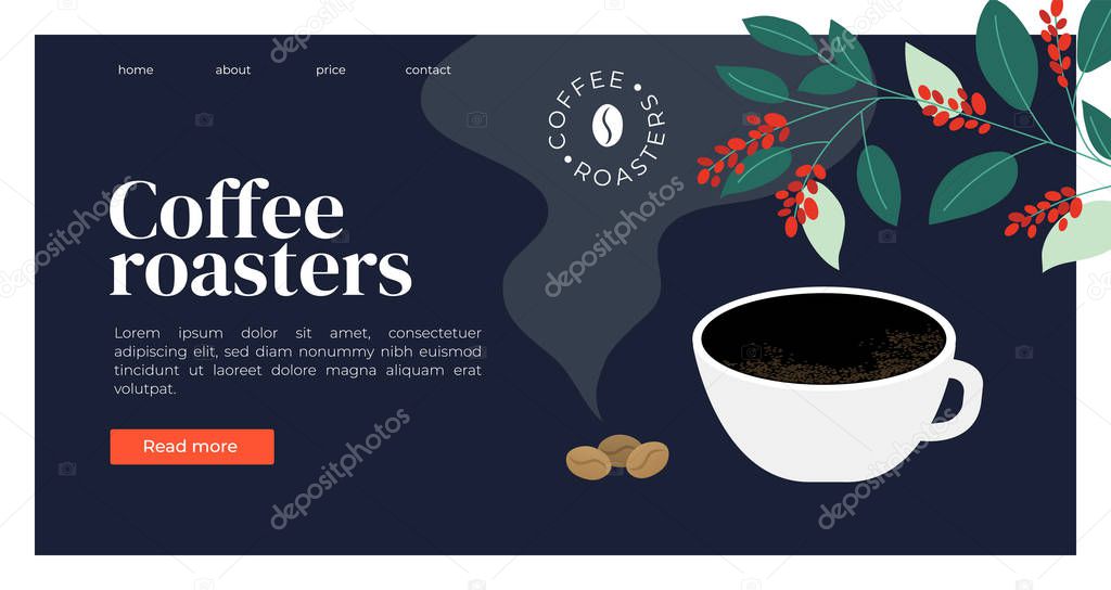 Coffee roasters template with espresso, beans and coffee plant