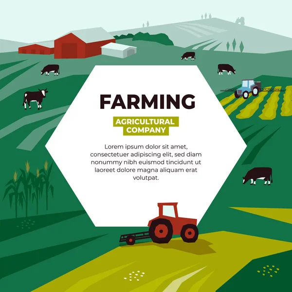 Farming template with tractors, cows, farm land — Stock Vector