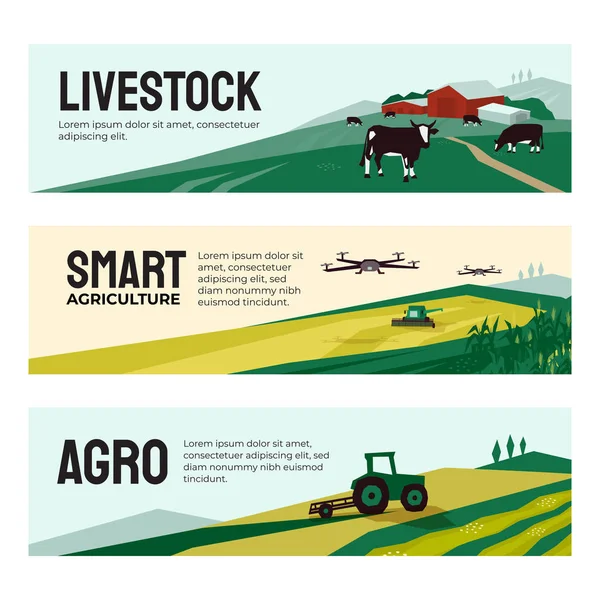 Bannières de l'entreprise agricole, agriculture intelligente, bétail — Image vectorielle