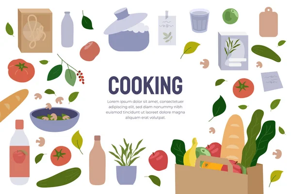 Modello Design Poster Cucina Volantino Con Prodotti Alimentari Ingredienti Dei — Vettoriale Stock