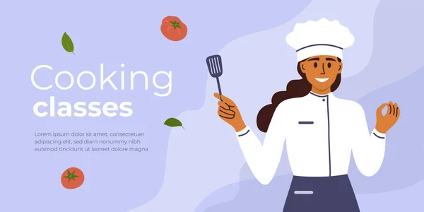 Πρότυπο Διάταξης Για Μαθήματα Μαγειρικής Νεαρή Σεφ Γυναίκα Κρατώντας Στοιχείο — Διανυσματικό Αρχείο