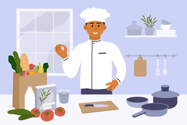 Mutfaktaki Adam Yapımı Yemek Yapmaya Hazırlanıyor Üniformalı Genç Aşçı Lezzetli — Stok Vektör