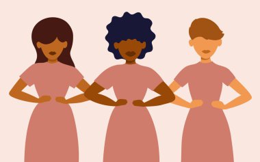 Kardeşlik, kadın hakları, kız gücü. Dişilerden oluşan çok kültürlü bir grup birlikte duruyor. Çeşitli milliyetler ve feminist ırklar. Kalçasında elleri olan farklı etnik kökenli kadınlar. Vektör illüstrasyonu