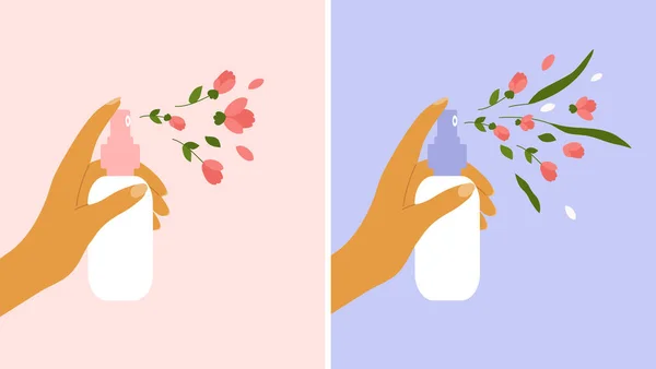 Blume Aerosol Parfüm Kosmetikkonzept Weibliche Hand Hält Spender Und Besprüht — Stockvektor