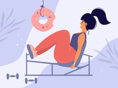 Evde kal, formda ve pozitif kal. Ödül ve motivasyon konsepti. Egzersiz makinesindeki genç kadın egzersiz yapıyor ve donuta bakıyor. Fiziksel aktivite, diyet, kalori sayımı. Spor, spor salonu vektör illüstrasyonu