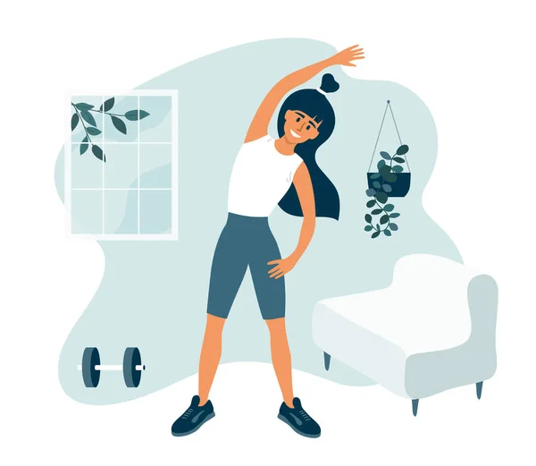 呆在家里 保持健康和积极 年轻女人做侧弯 运动锻炼 健身锻炼 体育活动 健康的生活方式概念 隔离隔离 体操矢量图解 — 图库矢量图片