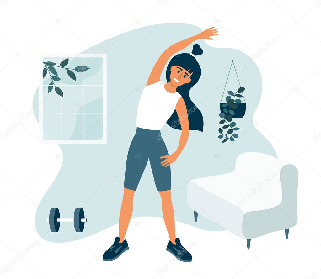 Stay home, keep fit and positive. Young woman doing side bends, stretching. Sport exercise, fitness workout. Physical activity, healthy lifestyle concept. Quarantine isolation. Gym vector illustration