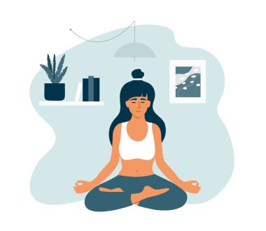 Lotus pozisyonunda genç bir kadın evde meditasyon yapıyor. Çapraz bacaklı bir kız, apartman dairesinde otururken rahat poz veriyor. Kadın yogası, farkındalık. Sağlıklı yaşam tarzı, sağIık vektörü çizimi
