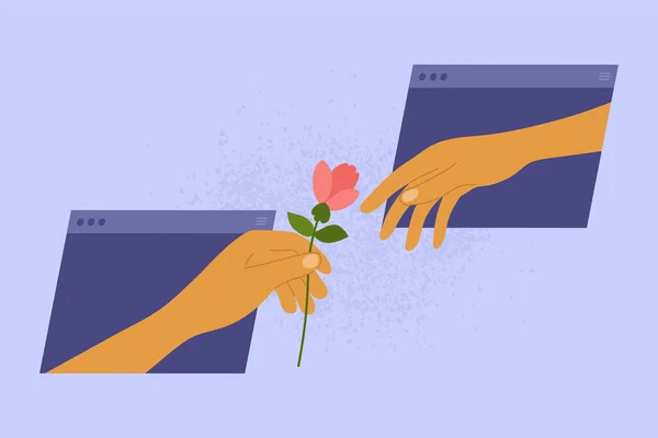 Online Seznamovací Koncept Sociální Distancování Internetová Láska Partner Dává Květinu — Stockový vektor