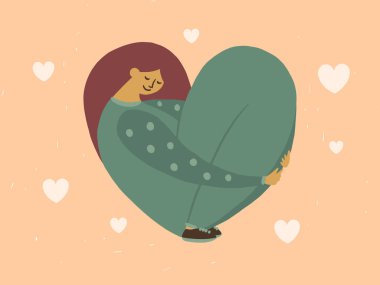 Self care, acceptance, body positive concept. Love yourself Illustration. Young woman hugs her knees. Cute girl with closed eyes sitting in heart shaped pose. Vector card for Womens or valentines day clipart