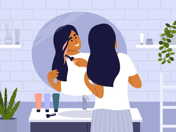 Jovem Mulher Frente Espelho Banheiro Tingir Seu Próprio Cabelo Menina — Vetor de Stock