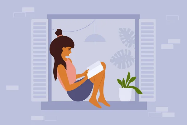 阅读女孩坐在窗台上 年轻的女人带着书本在家里放松 学生在学习或准备考试 住宅建筑的立面 休闲或休息方面的例证 — 图库矢量图片