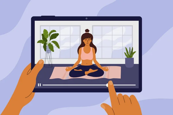 Online Studerar Yoga Klass Ung Kvinna Mediterar Lotusposerar Händerna Håller — Stock vektor