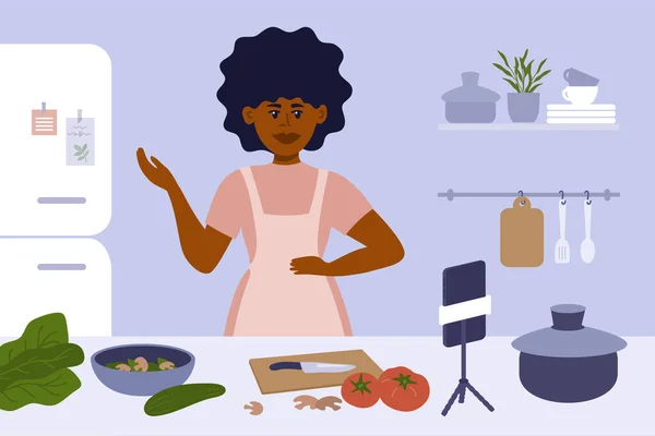 Zwarte Vrouw Kookt Keuken Vrouwelijke Blogger Schort Het Bereiden Van — Stockvector