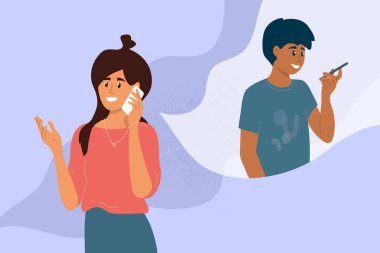 Arkadaşlar cep telefonlarını arar. Genç bir kadın akıllı telefondan adamla konuşuyor. Kız ve erkek arasındaki konuşma. İnsanlarla iletişim. Cep telefonuyla diyalog. Teknoloji, uzaklık vektör çizimi