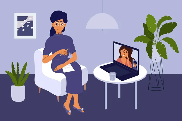Videóhívás Női Pszichológussal Laptopon Pszichológia Vagy Pszichoterápia Online Kezelés Vagy — Stock Vector