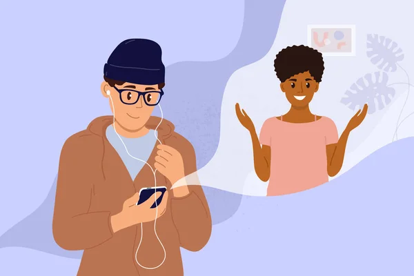Homme Avec Smartphone Fait Appel Vidéo Avec Une Jeune Femme — Image vectorielle