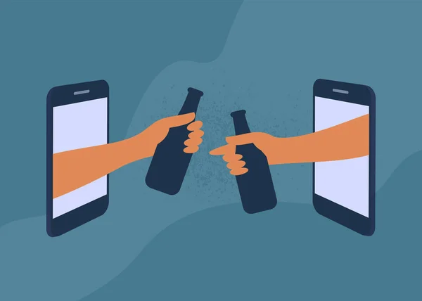 友人はオンラインでたまり場 飲み物 人間の手はスマートフォンの画面を通してボトルを保持 モバイルアプリビデオ通話 インターネットで非公式に話す パーティー 誕生日 バーチャルミーティングベクトルイラスト — ストックベクタ