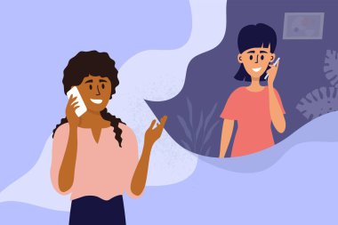 Cep telefonuyla konuşan iki genç kadın. Zenci kız akıllı telefondan arkadaşını arıyor. İnsanlar konuşuyor. Kadın ortaklar diyaloğu. Sosyal mesafeli konuşma. Karakterler vektör çizimi