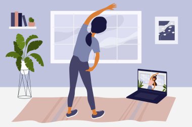 Bilgisayarda online dersler izleyen, yan eğik duran, evde esneme hareketleri yapan genç bir kadın. Eğitmenle spor egzersizi videosu, fitness antrenmanı. Fiziksel aktivite, sağlıklı yaşam tarzı vektör çizimi.
