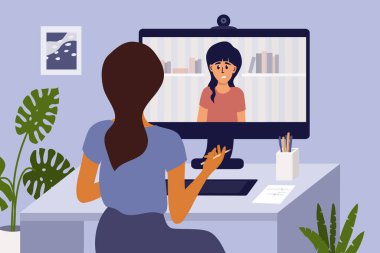 İnternet kamerasıyla psikologla video görüşmesi. Evden psikoterapi çevrimiçi. Üzgün kız bayan doktorla konuşuyor. Psikoloji İnternet oturumu, sağlık hizmetleri, zihinsel sorunlu vektör çizimi