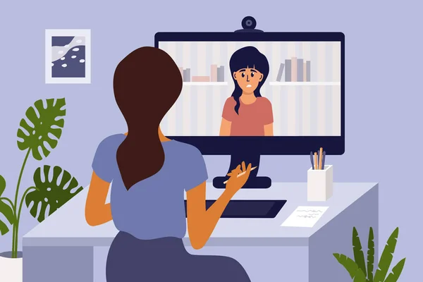 Videohívás Pszichológussal Számítógépen Keresztül Webkamerával Pszichoterápia Online Otthonról Szomorú Lány — Stock Vector