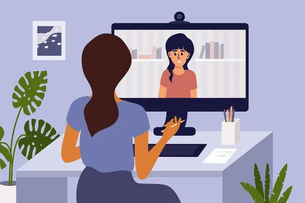 İnternet kamerasıyla psikologla video görüşmesi. Evden psikoterapi çevrimiçi. Üzgün kız bayan doktorla konuşuyor. Psikoloji İnternet oturumu, sağlık hizmetleri, zihinsel sorunlu vektör çizimi