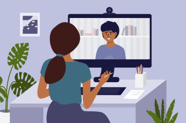 İnternet kamerasıyla psikologla video görüşmesi. Evden psikoterapi çevrimiçi. Üzgün adam kadın doktorla konuşuyor. Psikoloji İnternet oturumu, sağlık hizmetleri, zihinsel sorunlu vektör çizimi