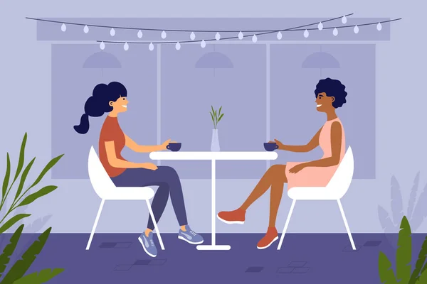 2人の若い女性がカフェやレストランに座ってコーヒーを飲む 二人は一緒に時間を過ごす 友達と会う パートナーのロマンチックなデート レジャー活動ベクトル図 — ストックベクタ