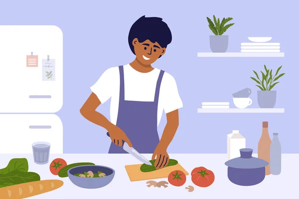 Joven Cocina Comida Saludable Casa Chico Sonriente Delantal Preparando Comidas — Vector de stock