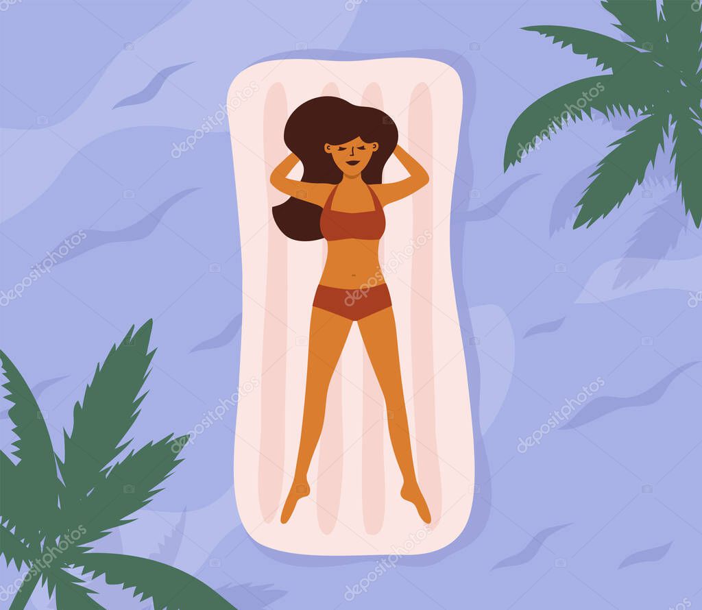 Summer time vacation, beach holiday or travel concept. Young woman in swimsuit lying on air mattress in sea or pool. Cute girl sunbathing swimming on water surface. Enjoy and relax vector illustration