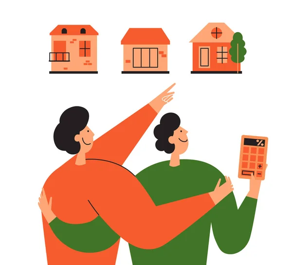 幸せな人々を検索し 新しい家を選択し 住宅ローンの率を計算します 家族のカップルは家を買うか または借りる プロパティの選択 住宅ローンの概念 白い背景に隔離されたフラットベクトルイラスト — ストックベクタ