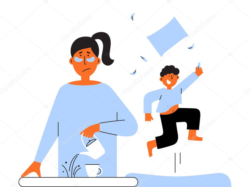 Frustrated parent concept. Exhausted mom pours coffee past cup. Naughty child plays noisily and jumps. Tired mother and hyperactive son. Difficult parenting vector illustration. Sad woman, depression.