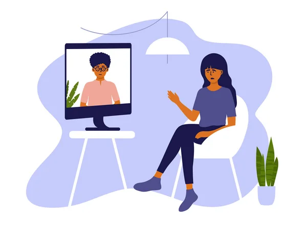 心理療法オンラインセッションまたはビデオ通話 悲しい女性は自宅で椅子に座って コンピュータ画面上の女性心理学者と話をします 心理学インターネット相談 医療ベクトル図 — ストックベクタ