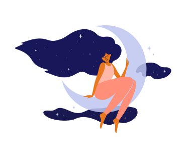 Ay 'da oturan uzun saçlı tatlı kız. Mutlu kadın gece gökyüzünde ve yıldızlarda rüya görüyor. Refah, kendime ve bedenime bakım, yavaş yaşam. Sağlıklı uyku konsepti. Modern cadı, hilal ay vektör çizimi